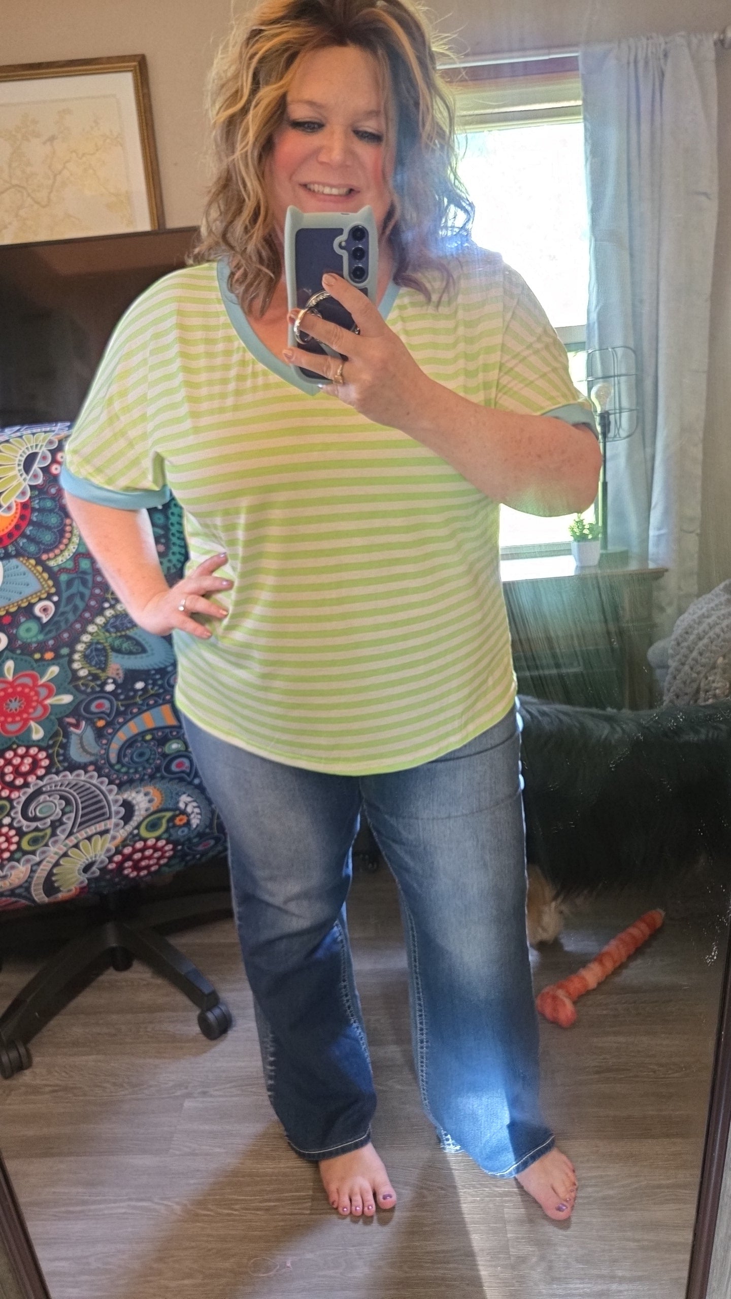 Dani- Blue Trim and Neon Green Striped V Neck Tee