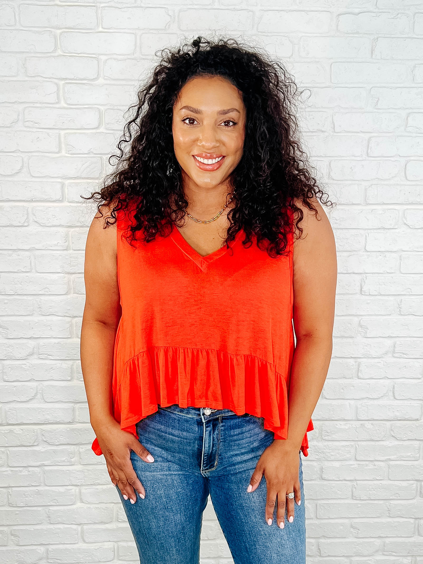 V-Neck Ruffled Peplum in Spicy Orange