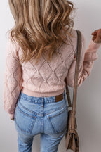 Molly Openwork Plaid Puff Sleeve Cropped Sweater