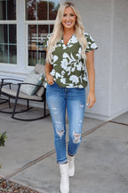 Floral Split Neck Short Sleeve Blouse