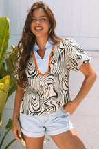 Delilah Zebra Stripe V-Neck Short Sleeve Blouse