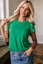 Nellie Embroidered Ruffled Sleeve Slim Fit Crew Neck Top