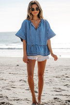 Liv Denim Ruffled Sleeve Lace up Front Peplum Top