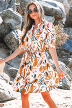 Christina Puff Sleeve Button Up Braided Belt Mini Dress