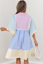 Joelle Striped Ric Rac Puff Sleeve Collared Mini Dress