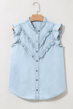 Mazie Mineral Wash Cap Sleeve Frilled Button Up Denim Shirt