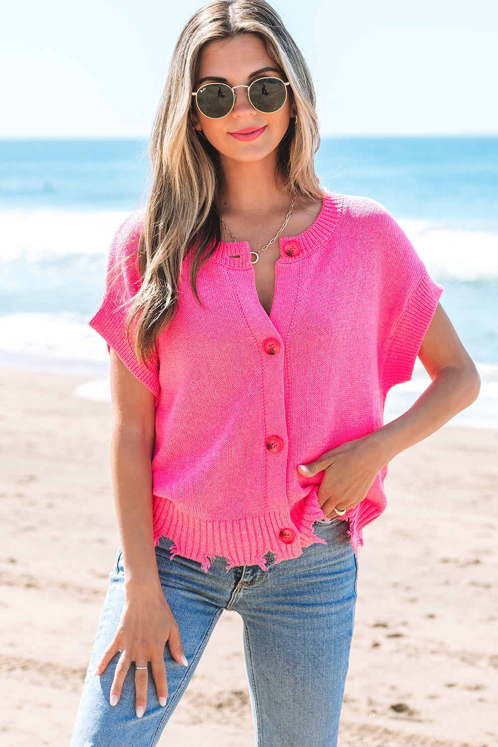 Janelle Distressed Hem Short Sleeve Button Sweater