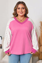 Bonbon Lace Striped Patchwork Long Sleeve Corded V Neck Plus Size Top