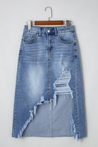 Alexis Irregular Distressed Bottom Denim Midi Skirt