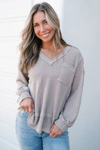 Eden Raw Edge Detail Waffle Knit V Neck Top