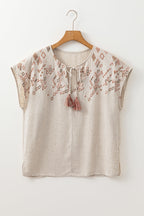 Louisa Embroidered Short Sleeve Tassel Tied Blouse