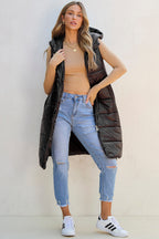 Black Hooded Long Quilted Vest PLUS Coat