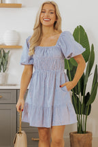 Monica Stripe Bubble Sleeve Ruched Pocketed Babydoll Dress