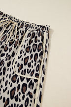 Khaki Exposed Seam Patched Pocket Plus Size Drawstring Leopard Wide Leg Pants