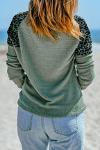 Joanna Leopard Waffle Knit Buttoned V Neck Blouse