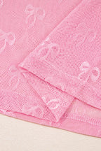 Pink Plus Size Bow Embroidered Mesh Long Sleeve Top