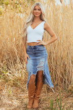 Alexis Irregular Distressed Bottom Denim Midi Skirt