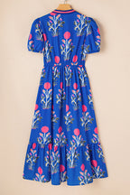 Julietta Floral Puff Short Sleeve V Neck High Waist Maxi Dress