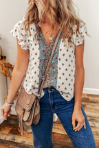 Aria Boho Pattern Ruffled Sleeve V Neck Buttoned Blouse