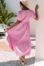 Ella Stripe V Neck Puff Short Sleeve Maxi Dress