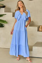 Kelsey Textured Flutter Sleeve Ruffled Maxi Dress