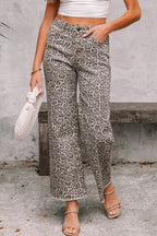 Brianna Leopard Frayed Edge Wide Leg High Waist Jeans