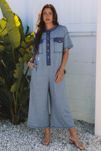 Emmie Half Placket Chest Pockets Wide Leg Jumpsuit