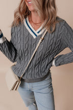 Kayle Ribbed Edge Cable Knit V Neck Sweater