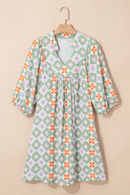 Reagan Floral Print 3/4 Sleeve Notched Neck Mini Dress