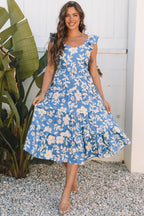 Henley Floral U Neck Flutter Shoulder Tiered Midi Dress