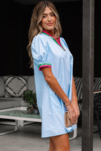Lily Striped Notched V Neck Puff Sleeve Mini Dress