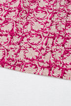 Pink Floral Print Split Neck Pleated Puff Sleeve Blouse