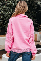 Evangeline Embroidered Flower Buttons Pullover Sweatshirt
