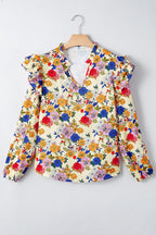 Apricot Ruffled Shoulder Long Sleeve Floral Blouse