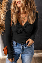 Alice Textured Twist Front V Neck Long Sleeve Top