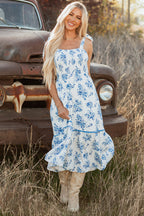 Kai Floral Shirred Knot Shoulder Sleeveless Long Dress