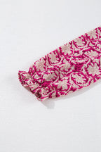 Pink Floral Print Split Neck Pleated Puff Sleeve Blouse