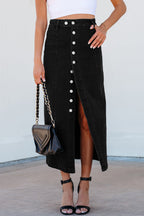 Emberlynn Button Fly Side Split High Waist Denim Midi Skirt