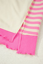 Pink Stripe Contrast Polo Collar Drop Shoulder Patchwork Plus Size Pullover