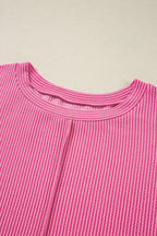 Bonbon Spiral Ribbed Exposed Seam Detail Plus Size Long Sleeve Top