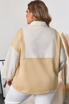 Khaki Stripe Mix Half Zip French Terry Plus Size Sweatshirt