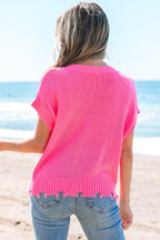 Janelle Distressed Hem Short Sleeve Button Sweater