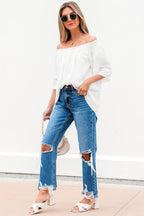 Bellamy Frilly Off Shoulder Lace Insert Sleeve Textured Blouse