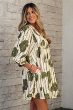 Angie Floral Striped Piping Puff Sleeve Dress