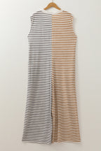 Gray Stripe Plus Size Color Block Buttoned Sleeveless Wide Leg Jumpsuit