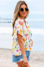 Liberty Floral Boxy Fit Ruffled Short Sleeve V Neck Blouse