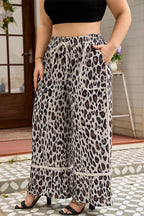 Khaki Exposed Seam Patched Pocket Plus Size Drawstring Leopard Wide Leg Pants
