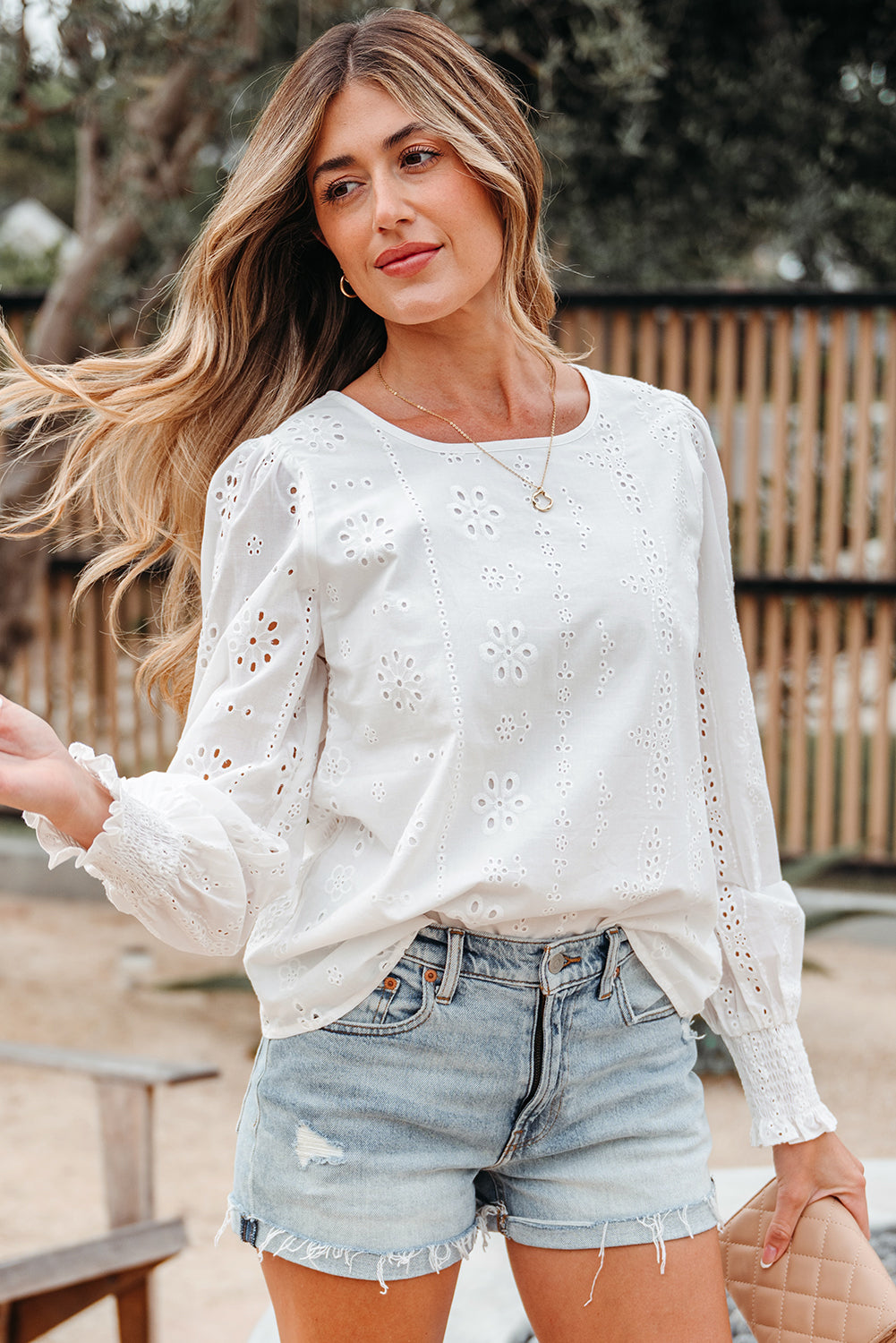 Allison Eyelet Embroidered Smocked Cuff Sheer Blouse