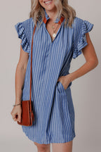 Leah Stripe Frilly Split Neck Shirred Ruffle Sleeve Dress