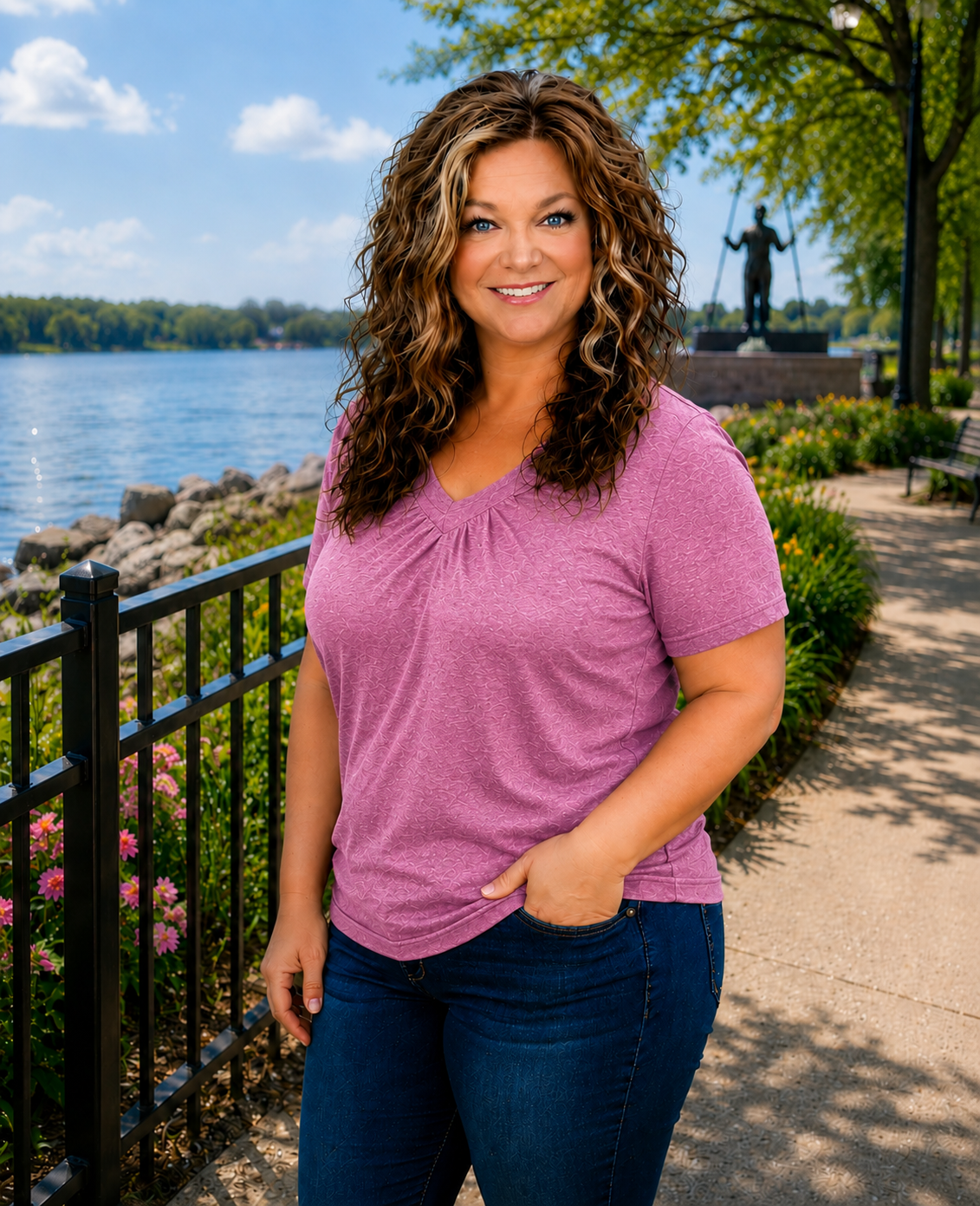 Olivia - Heathered Berry Gathered V Neck Tee with Banded Hem